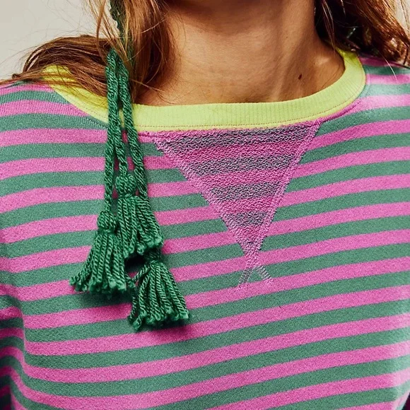 NWT Free People Classic Striped Oversized Crewneck Pink Combo Size Large - Picture 3 of 6